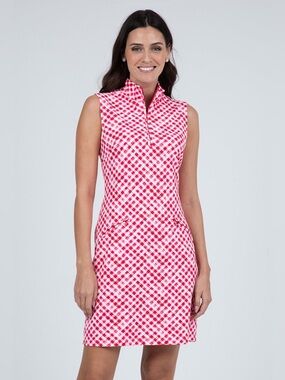 IBKUL Icefil Gingham Check Sleeveless Mock Neck Golf Dress NWT M UPF 50+